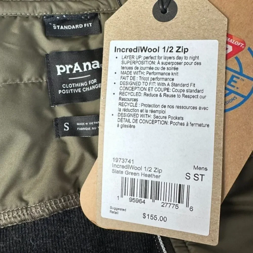 NWT Prana IncrediWool 1/2 Zip Sweater Slate Green Heather Size S Standard Fit
